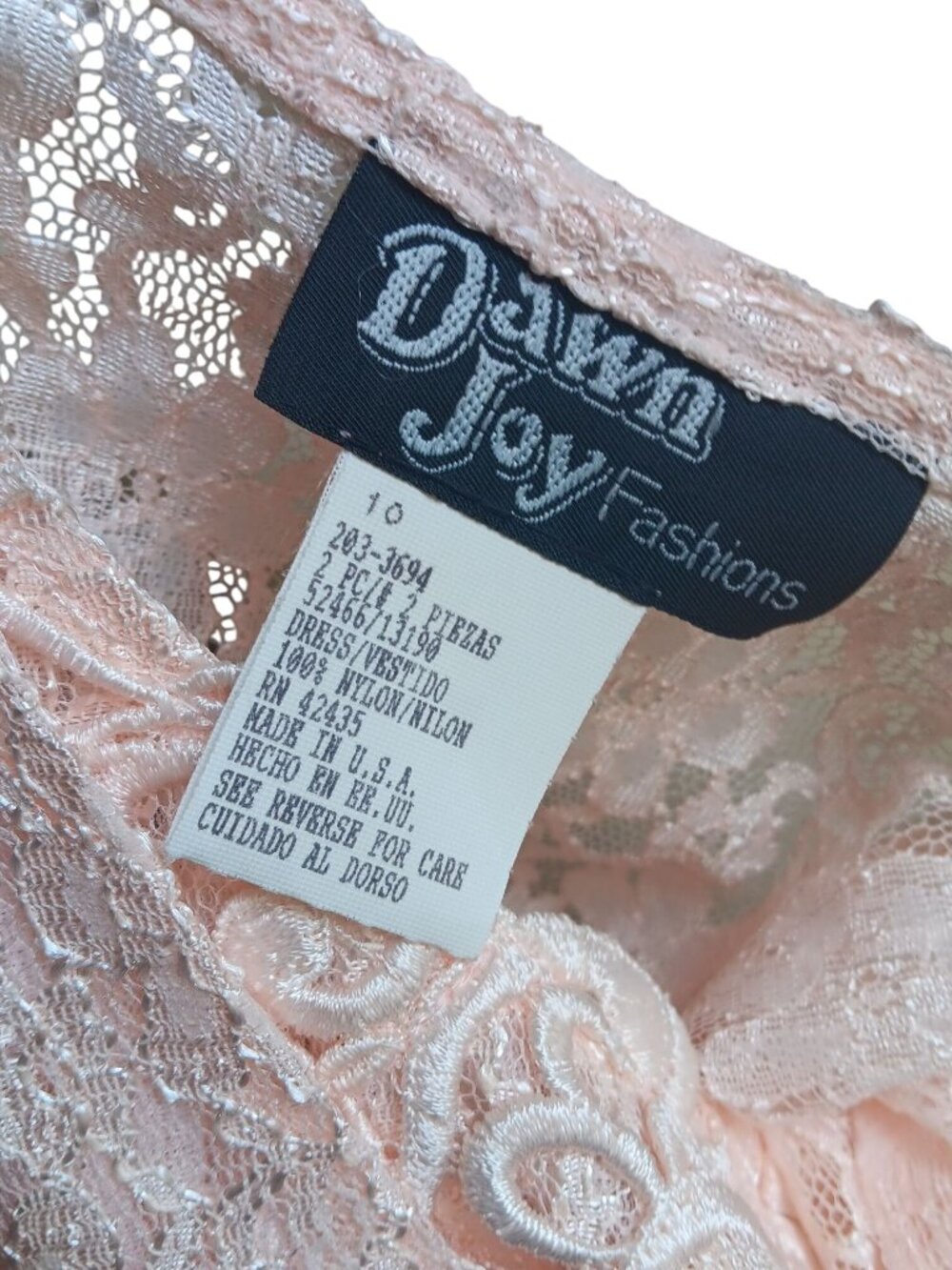 True Vintage Dress 10 Dawn Joy Fashions Chantilly Lace Pink Padded Shoulders